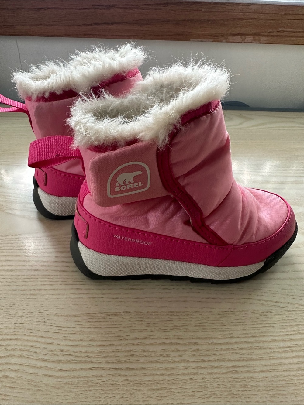 Sorel Kids Pink and White Insulated Waterproof Boots with Faux Fur Cuff